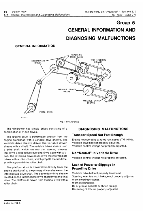 John Deere Self Propelled Windrower 800/830 Maintenance Manual TM1050