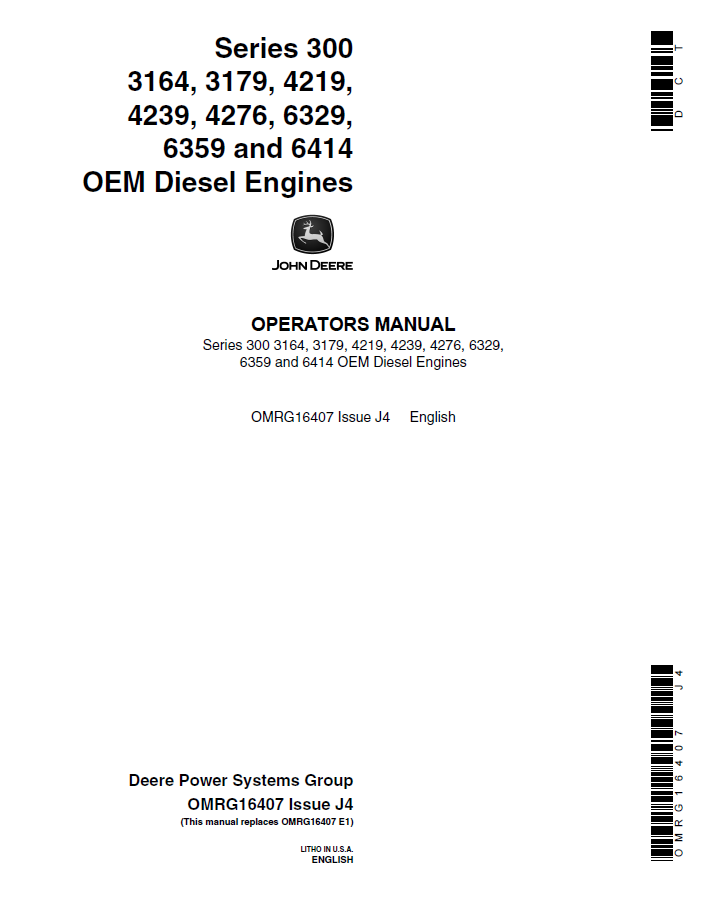 John Deere Series 300 Diesel Engine Operator Manual (OMRG16407)