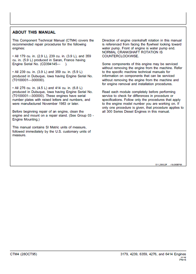 John Deere Series 300 Engine Technical Service Manual CTM4