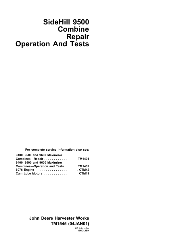 John Deere Sidehill 9500 Combine Diagnostic & Repair Manual TM1545