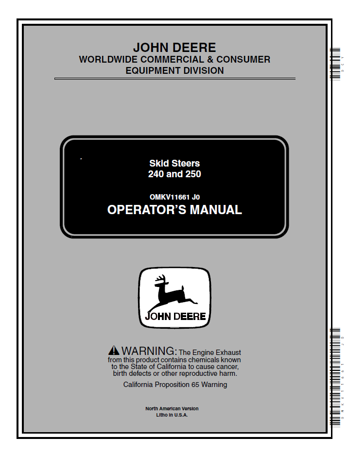 John Deere Skid Steer 240 and 250 Operator Manual (OMKV11661)