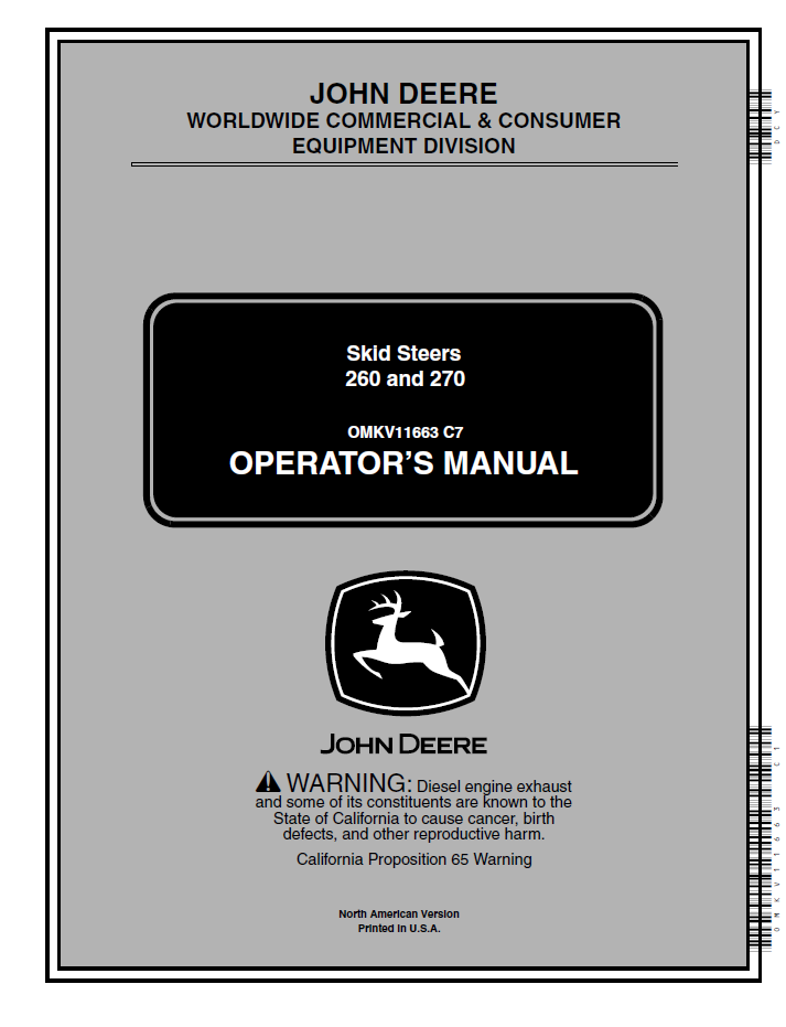 John Deere Skid Steer 260 and 270 Operator Manual (OMKV11663)