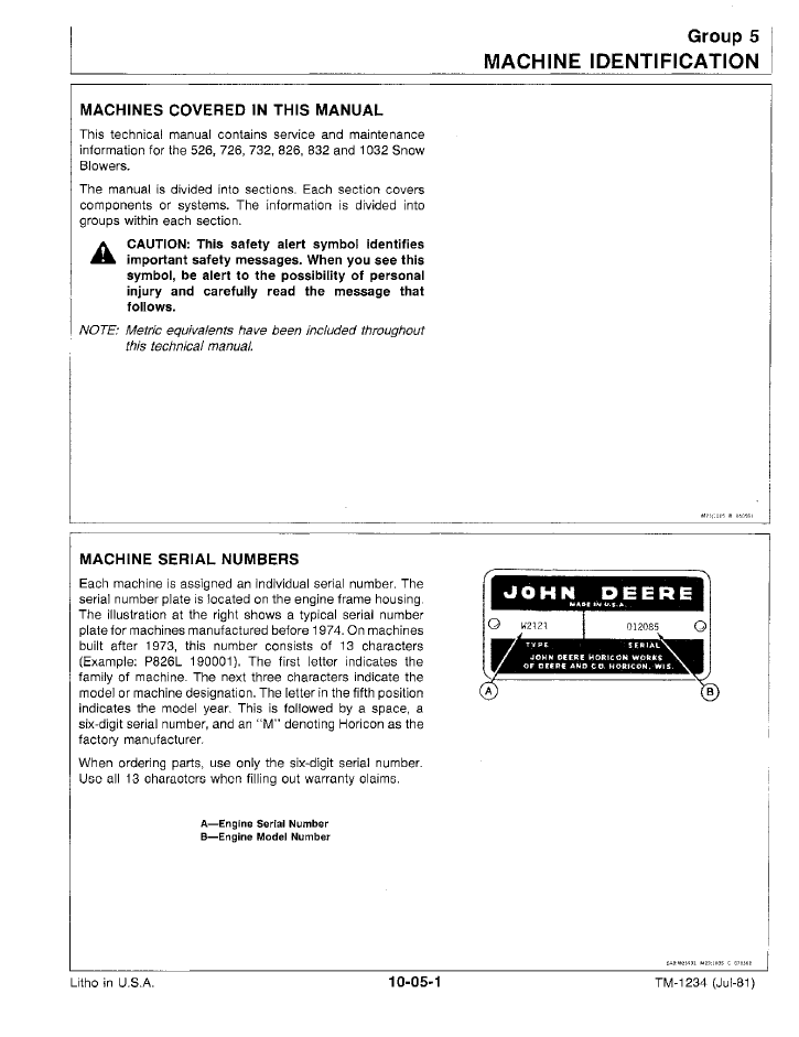 John Deere Snowblower TM1234 Maintenance and Repair Manual