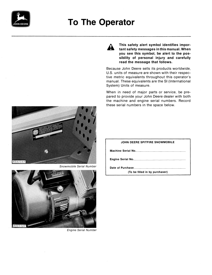 John Deere Spitfire Snowmobile OMM67035 Operation & Maintenance Manual PDF