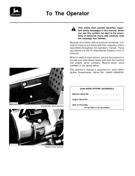 John Deere Spitfire Snowmobile OMM68220 Operation & Maintenance Manual PDF