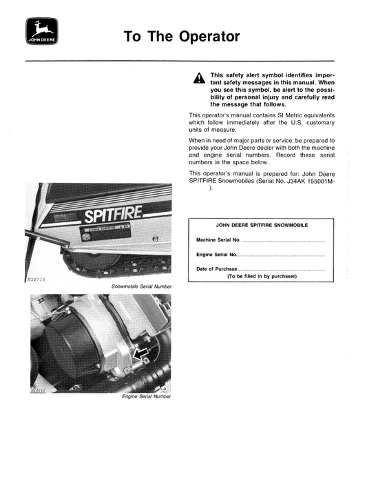 John Deere Spitfire Snowmobile OMM68928 Operation & Maintenance Manual PDF