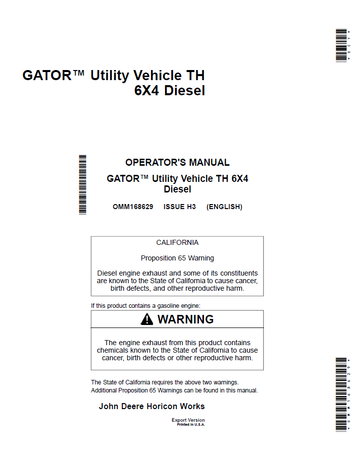 John Deere TH 6x4 Diesel Gator Utility Vehicle Manual OMM168629 PDF