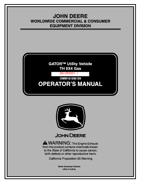 John Deere TH 6x4 Gas Gator Utility Vehicle Operator Manual OMM161295 PDF