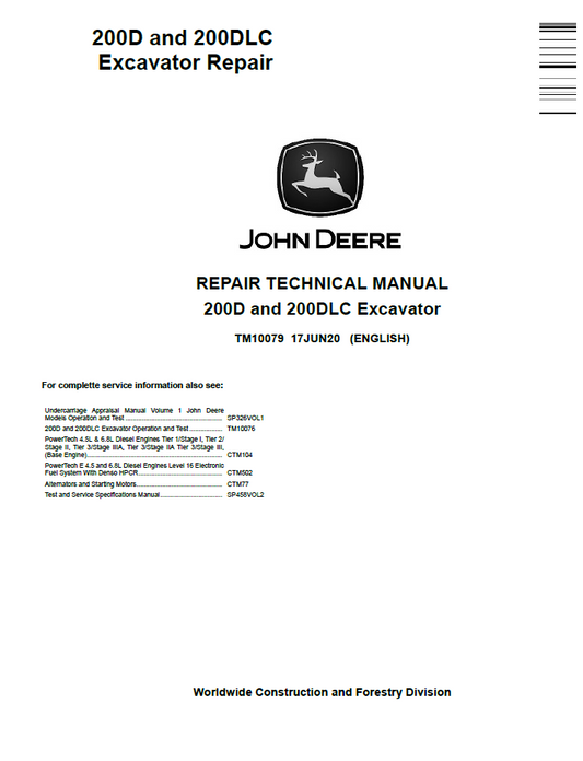 John Deere TM10079 Repair Manual for 200D and 200DLC Excavators PDF