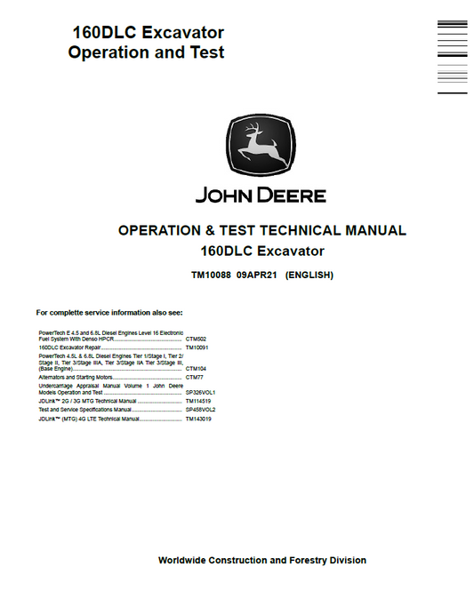 John Deere TM10088 Operation & Test Manual for 160DLC Excavator PDF