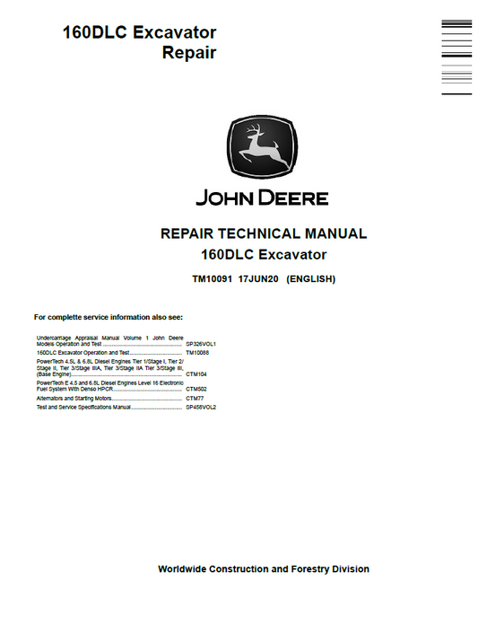 John Deere TM10091 Repair Manual for 160DLC Excavator PDF