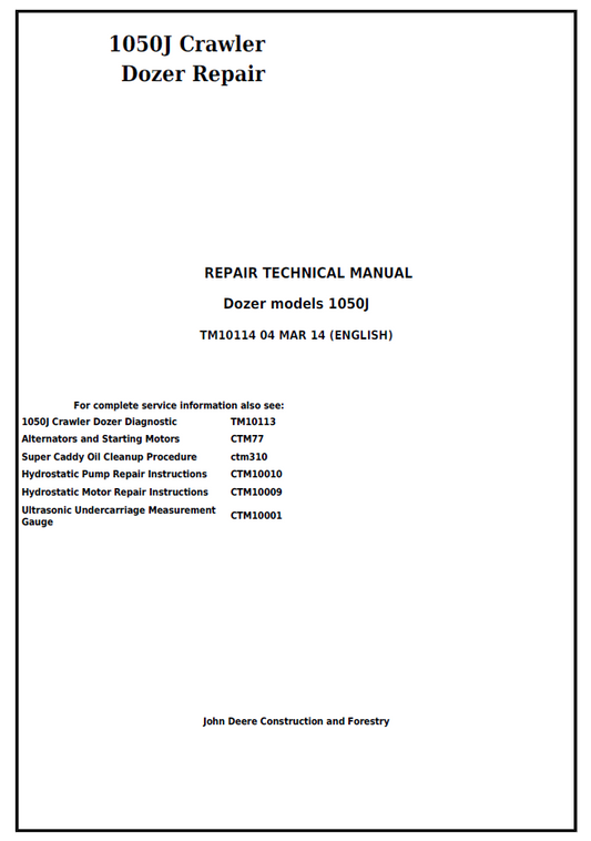John Deere TM10114 Repair Manual for 1050J Crawler Dozer PDF