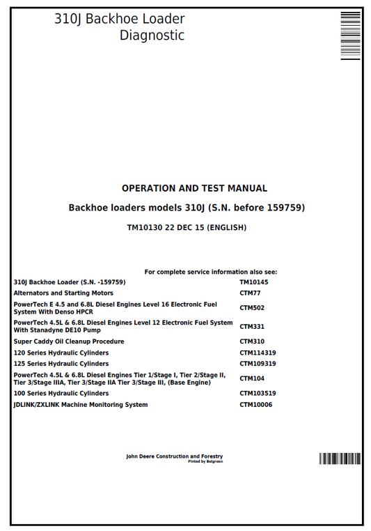 John Deere TM10130 Diagnostic Operation & Test Manual for 310J Backhoe Loader