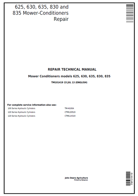 John Deere TM101419 625 630 635 830 835 Mower Conditioner Repair Manual