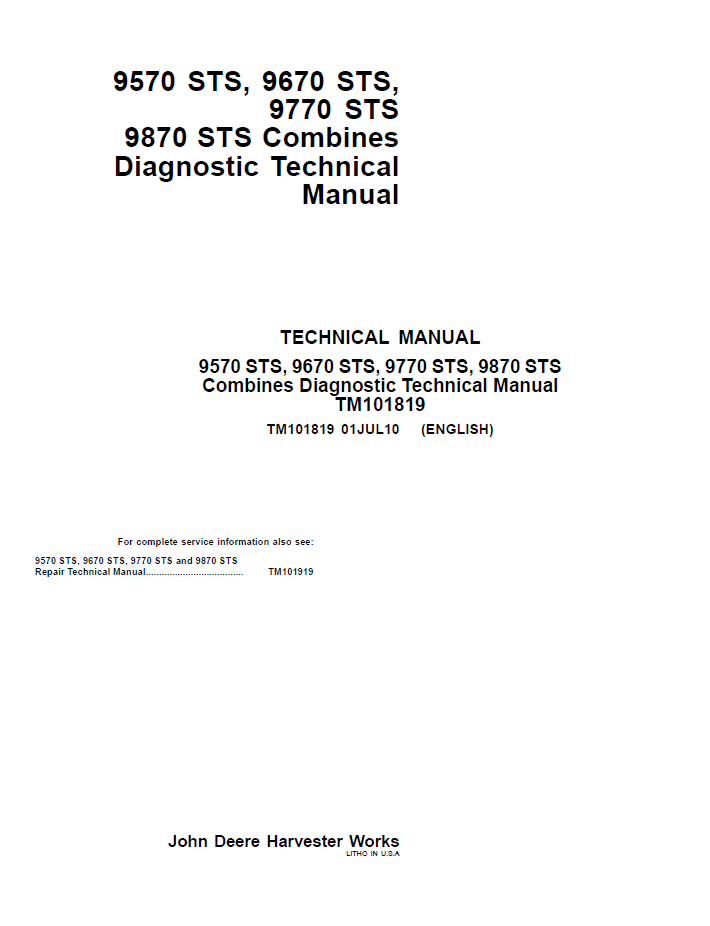 John Deere TM101819 9570 9670 9770 9870 STS Combine Manual
