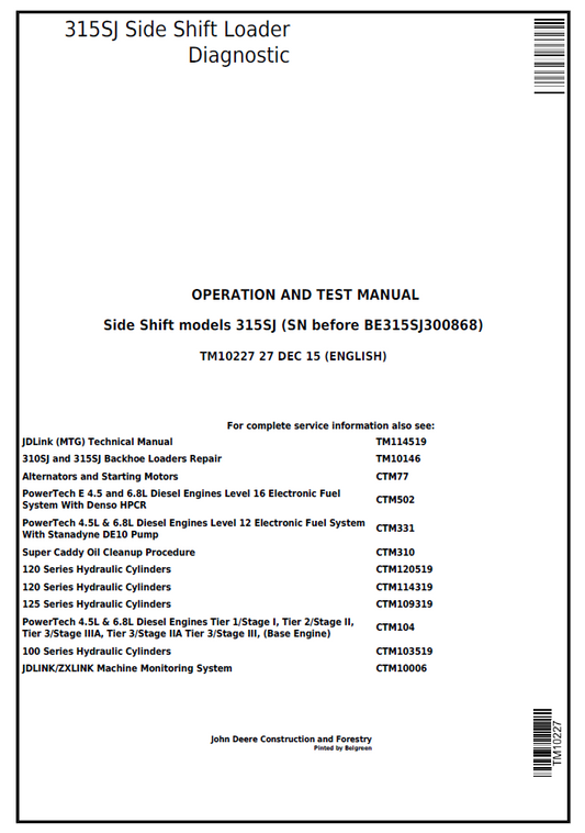 John Deere TM10227 Diagnostic Operation & Test Manual for 315SJ Loader