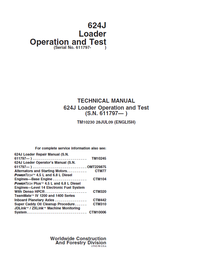 John Deere TM10230 Operation & Test Manual for 624J Loader PDF
