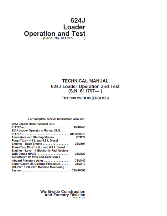 John Deere TM10230 Operation & Test Manual for 624J Loader PDF