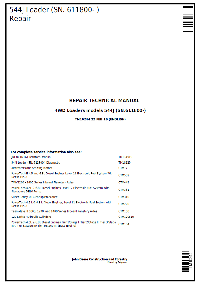 John Deere TM10244 Repair Manual for 544J Loader PDF