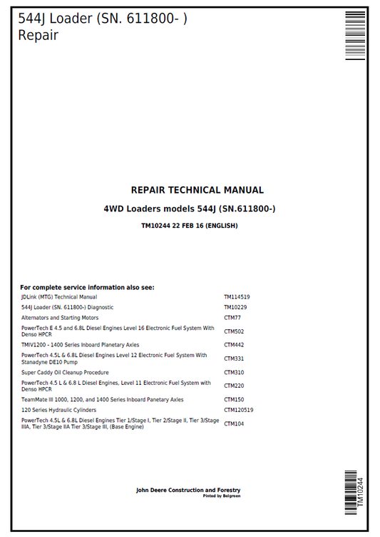 John Deere TM10244 Repair Manual for 544J Loader PDF