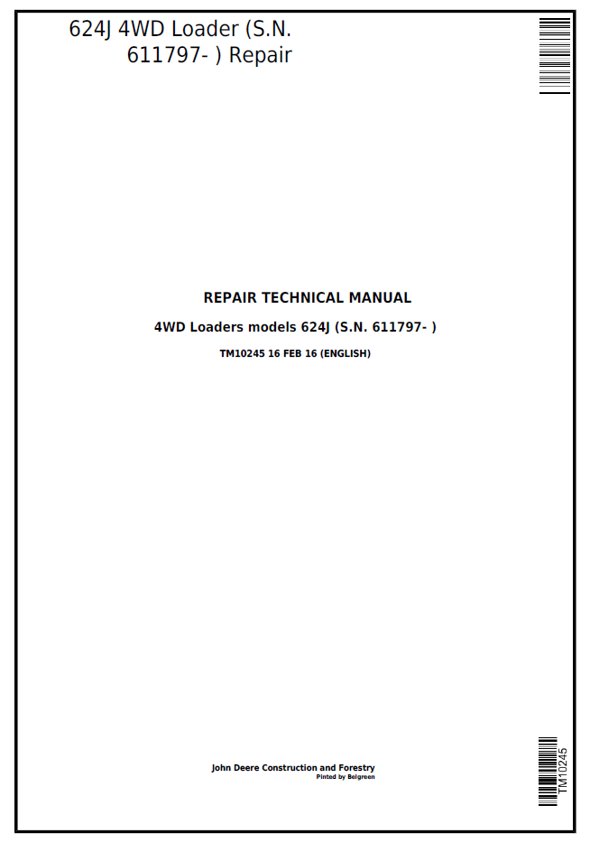 John Deere TM10245 Repair Manual for 624J 4WD Loader PDF