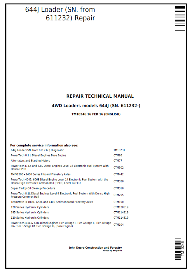 John Deere TM10246 644J Loader Repair Service Technical Manual