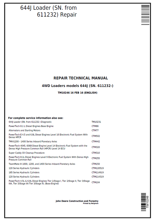 John Deere TM10246 644J Loader Repair Service Technical Manual