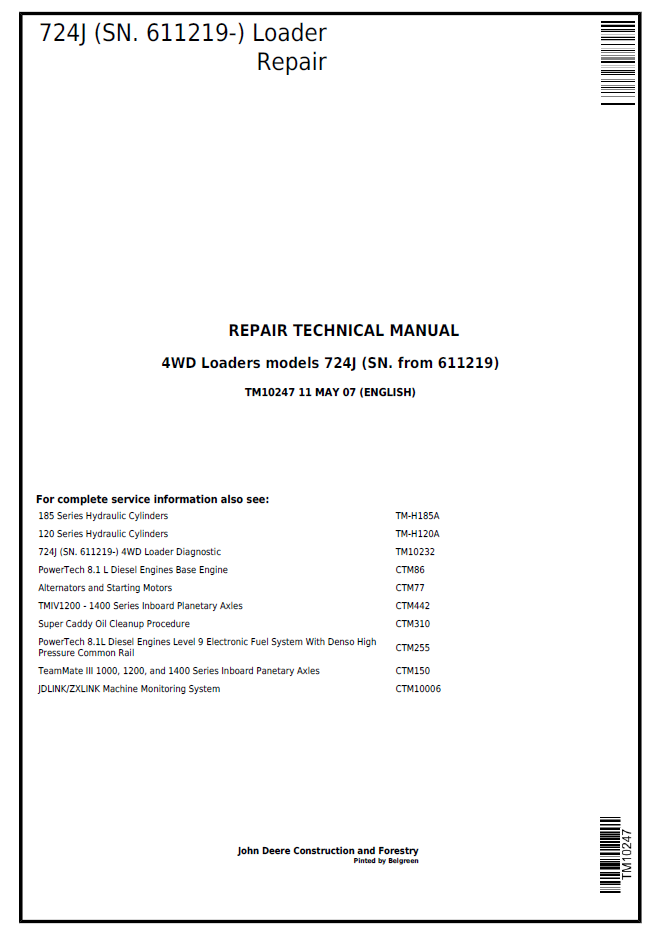 John Deere TM10247 724J 4WD Loader Repair Manual PDF