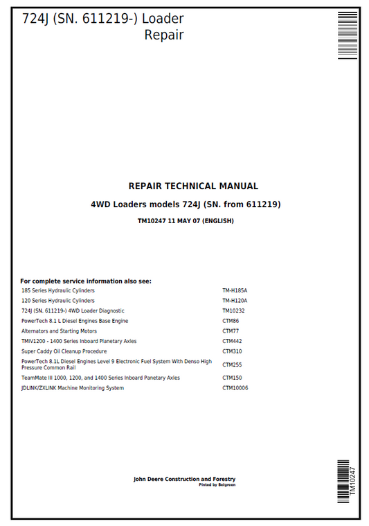 John Deere TM10247 724J 4WD Loader Repair Manual PDF