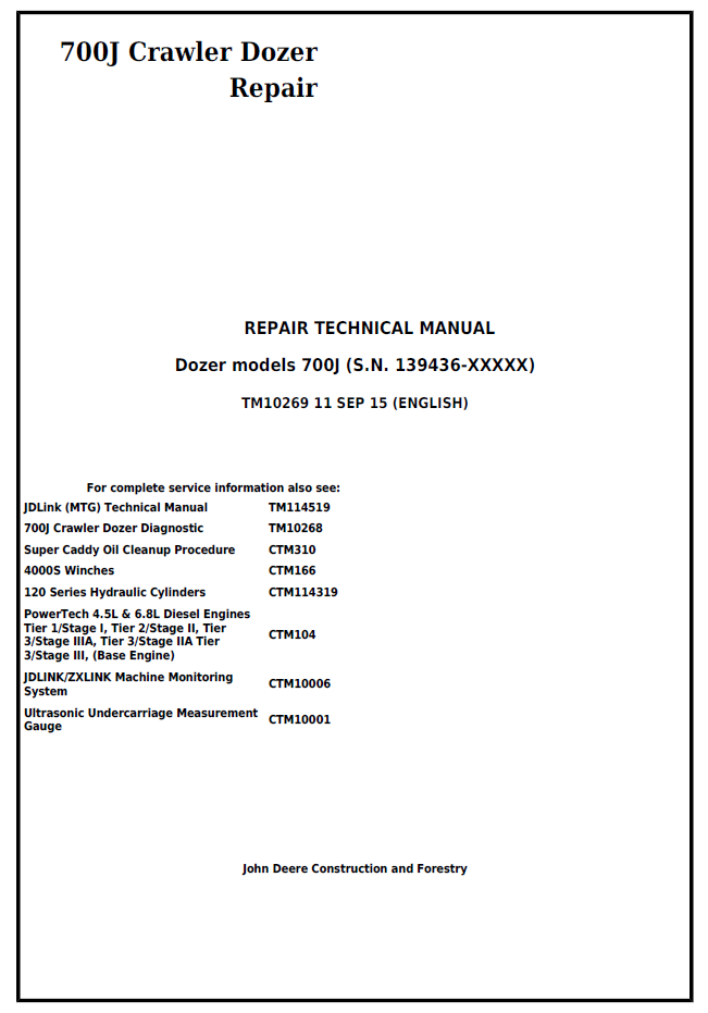John Deere TM10269 Repair Manual for 700J Crawler Dozer PDF