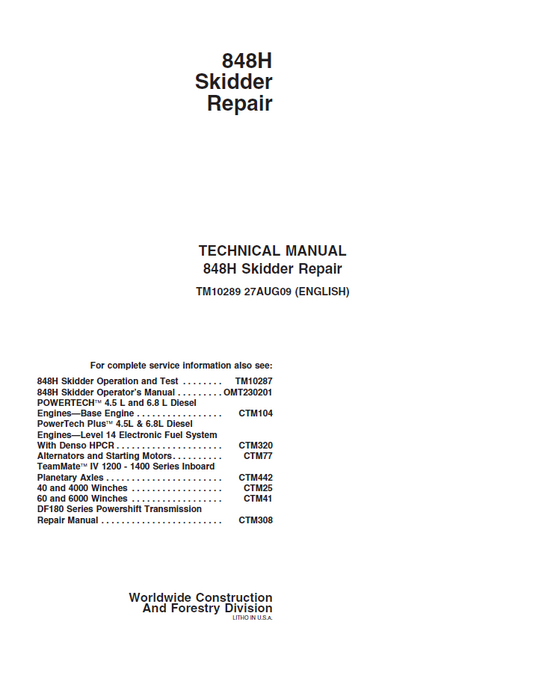 John Deere TM10289 Repair Manual for 848H Skidder PDF