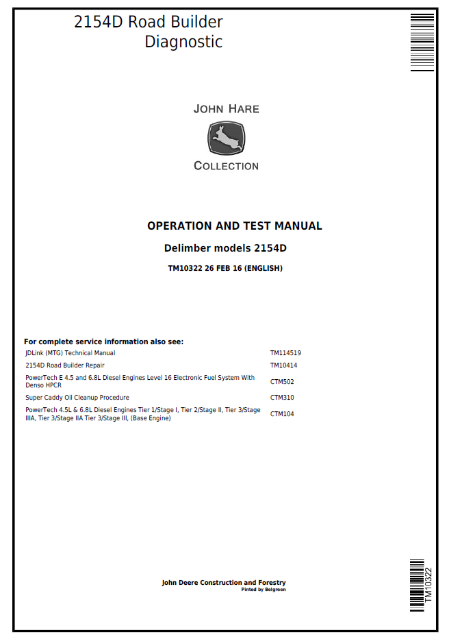 John Deere TM10322 Diagnostic Operation & Test Manual for 2154D Road Builder