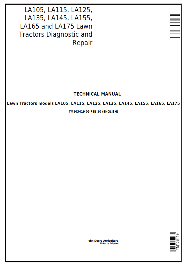 John Deere TM103419 LA Series Lawn Tractor Diagnostic Repair Manual PDF