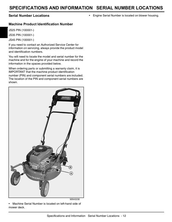 John Deere TM103619 Service Manual for JS25 JS35 JS45 Walk-Behind Rotary Mowers