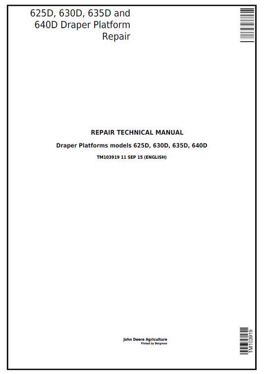 John Deere TM103919 625D 630D 635D 640D Draper Repair Manual