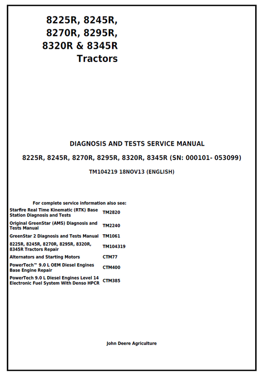 John Deere TM104219 8225R 8245R 8270R Tractor Test Manual