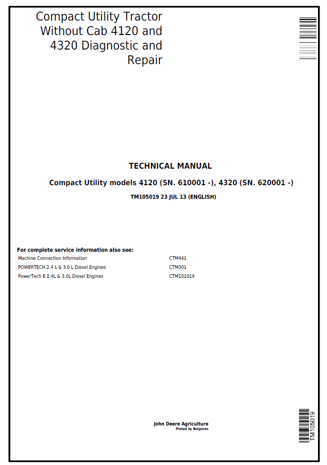 John Deere TM105019 4120 & 4320 Compact Utility Tractor Repair Manual