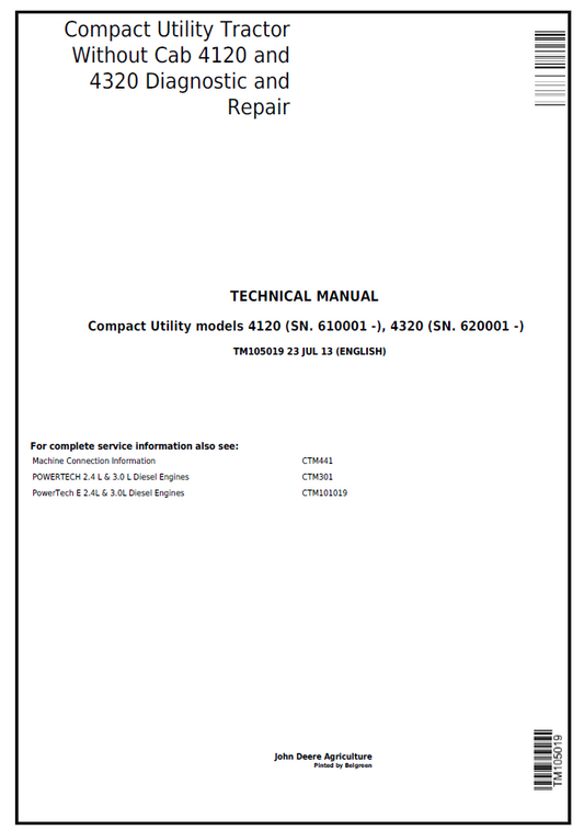 John Deere TM105019 4120 & 4320 Compact Utility Tractor Repair Manual