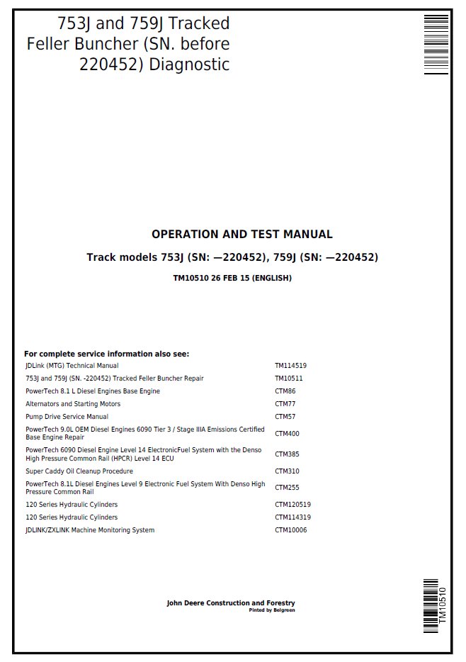 John Deere TM10510 Diagnostic Operation & Test Manual for 753J 759J Feller Bunchers