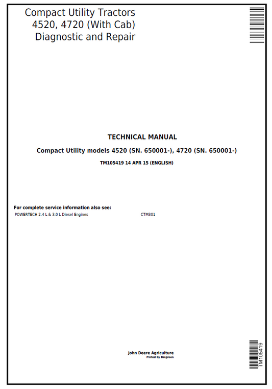 John Deere TM105419 4520 4720 Cab Compact Tractor Repair Manual