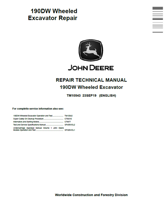 John Deere TM10543 Repair Manual for 190DW Wheeled Excavator PDF