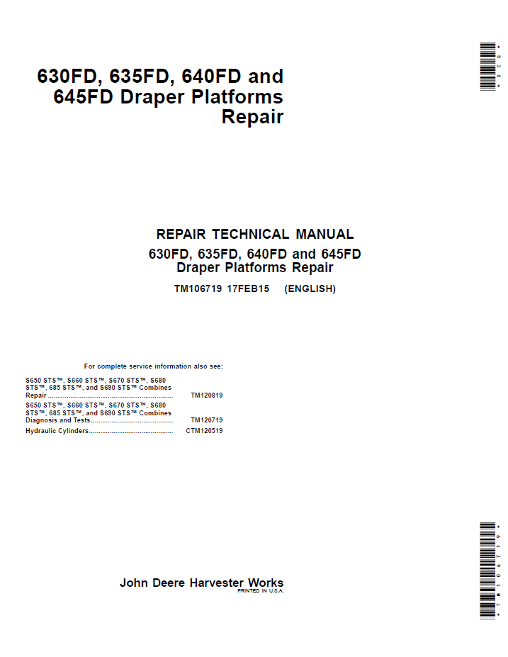 John Deere TM106719 630FD 635FD 640FD 645FD Draper Platform Repair Manual