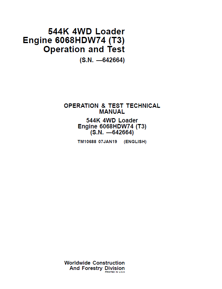 John Deere TM10688 Operation & Test Manual for 544K 4WD Loader Engine