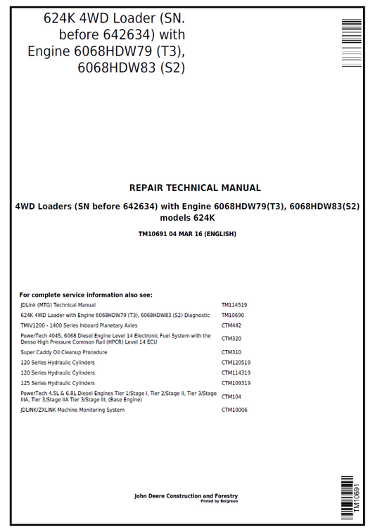 John Deere TM10691 624K 4WD Loader 6068 Engine Repair Manual