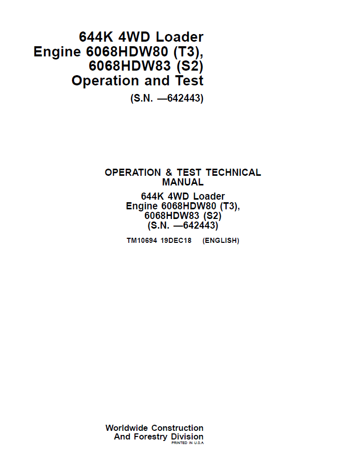 John Deere TM10694 644K 4WD Loader Operation & Test Manual