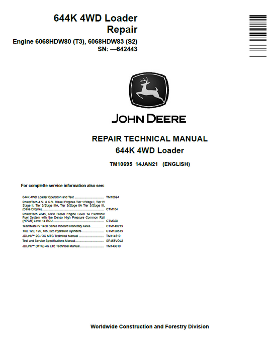 John Deere TM10695 Repair Manual for 644K 4WD Loader Engine PDF