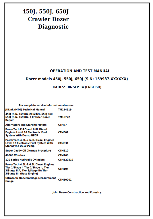 John Deere TM10721 Diagnostic Operation & Test Manual for 450J 550J 650J Dozer