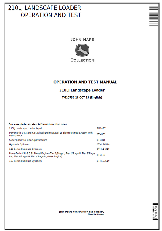 John Deere TM10730 Operation & Test Manual for 210LJ Landscape Loader