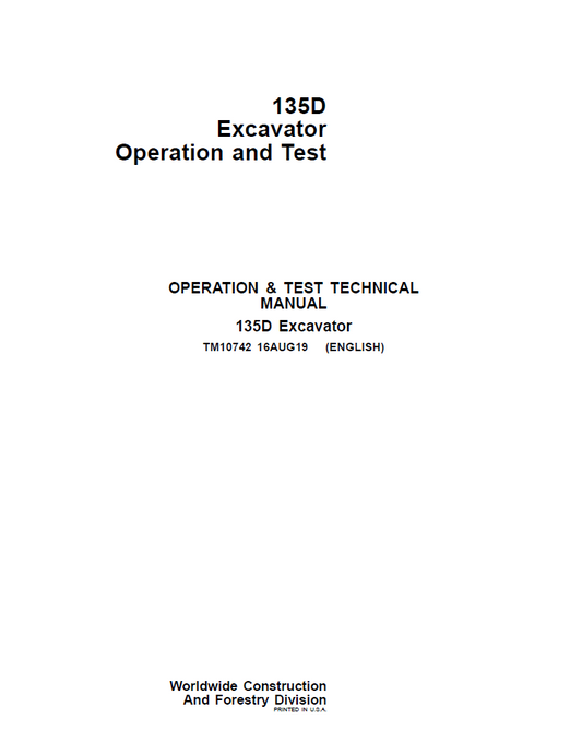 John Deere TM10742 Operation & Test Manual for 135D Excavator PDF