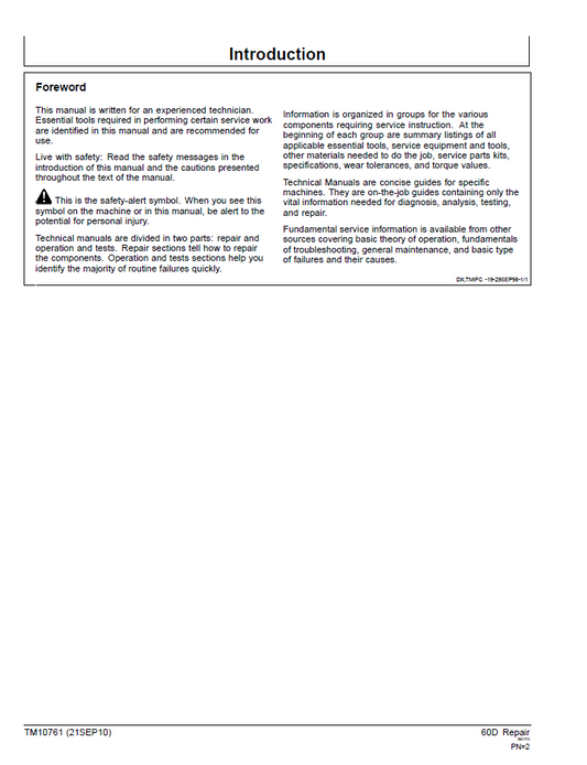John Deere TM10761 60D Excavator Service & Repair Manual